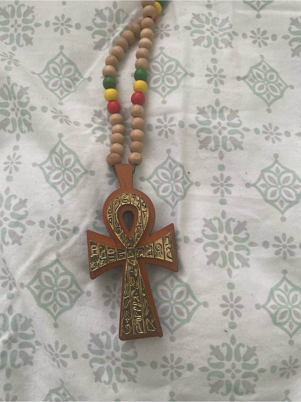 Wooden Ankh Necklace with Brass Inlay and Colorful Beads